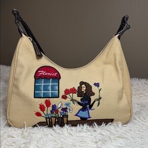 Frankie & Johnnie Cream Canvas Floral Florist Embroidered Motif Shoulder Bag